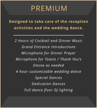 Premium Designed to take care of the reception activities and the wedding dance.  2 Hours of Cocktail and Dinner Music Grand Entrance Introductions Microphone for Dinner Prayer Microphone for Toasts / Thank You's Emcee as needed 4 hour customizable wedding dance Special Dances Dedication Dances Full dance floor DJ lighting