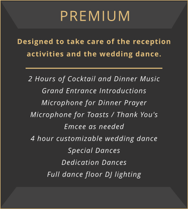 Premium Designed to take care of the reception activities and the wedding dance.  2 Hours of Cocktail and Dinner Music Grand Entrance Introductions Microphone for Dinner Prayer Microphone for Toasts / Thank You's Emcee as needed 4 hour customizable wedding dance Special Dances Dedication Dances Full dance floor DJ lighting